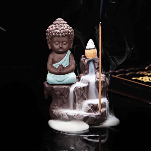 Craft Junction Handcrafted Meditating Little baby Monk Buddha Smoke Backflow Cone Incense Holder With 10 Sticks Decorative Showpiece  -  12 cm