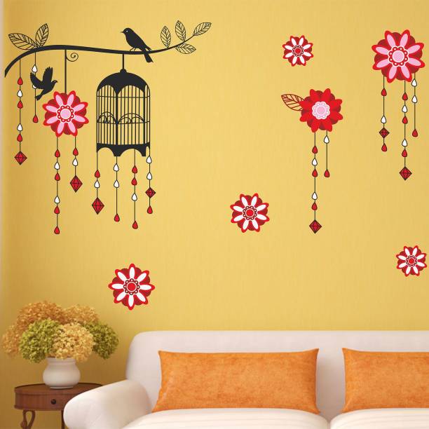 Aquire 120 cm Wall Stickers Decorative Cage with Bird on Branch Living Room Background Design Self Adhesive Sticker