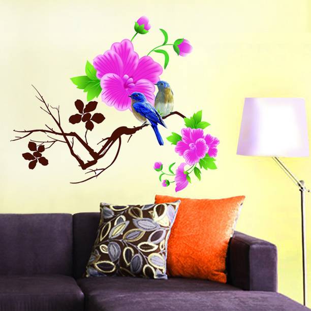 Aquire 65 cm Living Room Design Blue Birds with Pink Flowers Self Adhesive Sticker