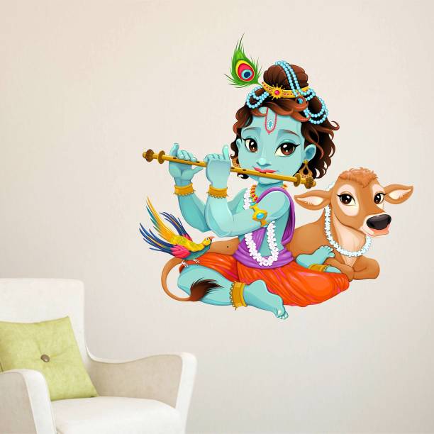 Aquire 60 cm Lord Krishna with Flute Cute Kids Room God Wall Sticker Self Adhesive Sticker