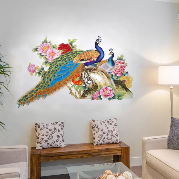 Aquire 100 cm Wall for Living Room Peacock Birds Nature Self Adhesive Sticker