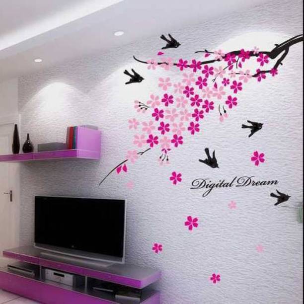 Aquire Wall with Pink Flowers & Branch Self Adhesive Sticker