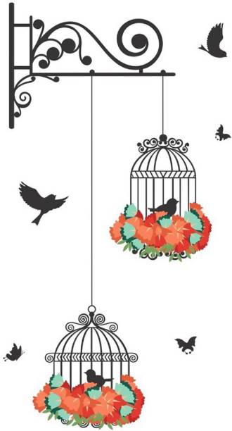 Aquire 34 cm Wall Hanging Birds Cage with Flowers Self Adhesive Sticker