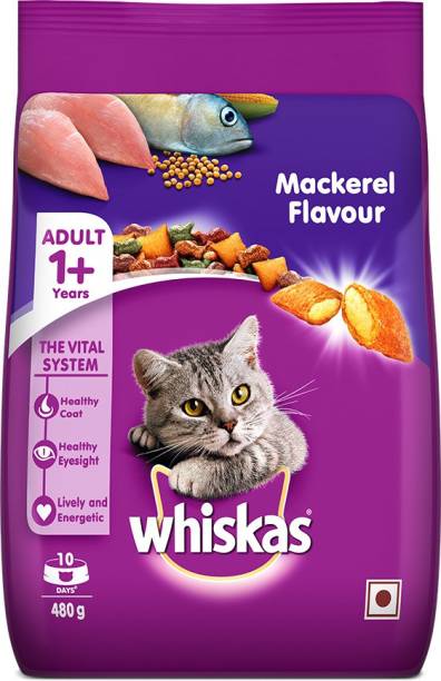 Whiskas Adult 1+ Mackerel Flavour pack of 3 Mackeral 0.48 Kg Dry Adult Cat Food