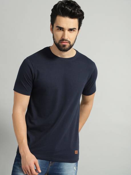 Men Solid Round Neck Pure Cotton Dark Blue T-Shirt Price in India