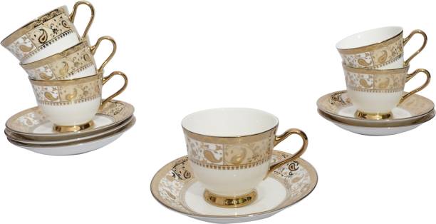 SkyKey Pack of 12 Bone China Home Decor White Ebony Tableware Serving Tea and Coffee Cups with Saucers