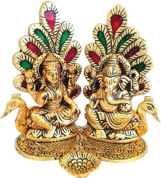 WELLWISHERS CRAFT Laxmi Ganesh Idol Diya Peacock Design Decorative Showpiece  -  16 cm