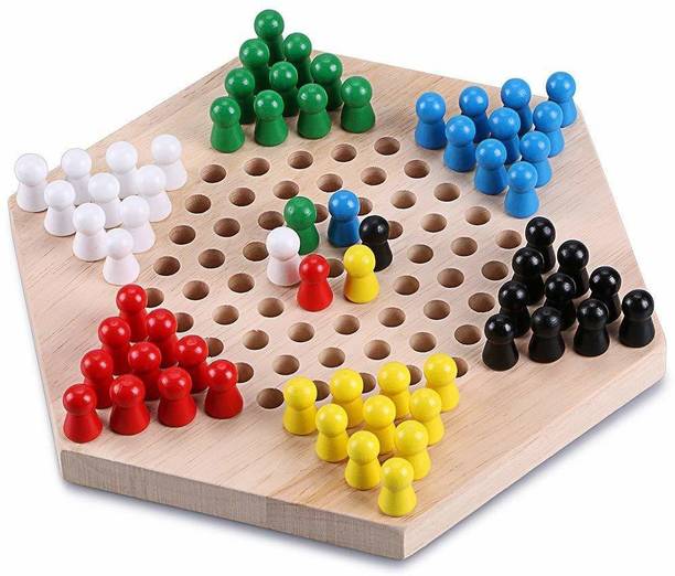 prisma collection hexagona wooden family game set, chinese checkers board with wooden marbles Board Game Accessories