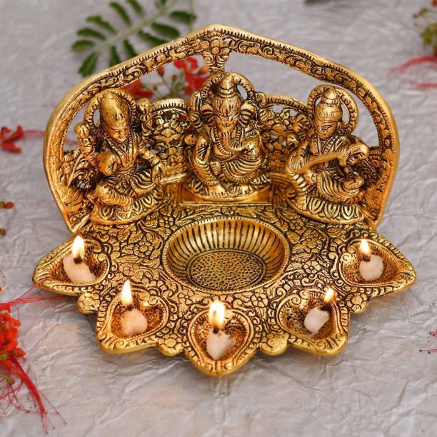 Collectible India Laxmi Ganesh Saraswati Idol Diya Oil Lamp Deepak - Metal Lakshmi Ganesha Showpiece Statue - Traditional Diya for Diwali Puja - Diwali Home Decoration Items Gift Aluminium Table Diya