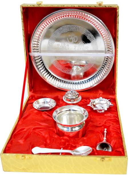 ME&YOU Silver Plated Decorative Ganesh Laxmi Embossed Puja Thali for Diwali Poojan, Dhanteras, Hawan Puja, Diwali Pujan, Navrata Pujan, Durga Pujan Silver Plated