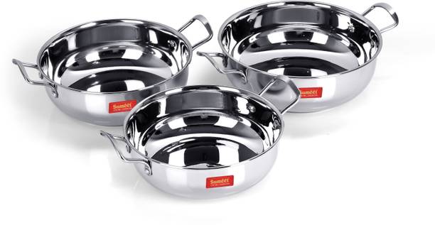 Sumeet Stainless Steel Induction Bottom (Encapsulated Bottom) Induction & Gas Stove Friendly Kadhai Set of 3Pcs Size No. 12 (1.9 Ltr), Size No 13 -(2.3 Ltr), Size No 14 -(3 Ltr) Kadhai 25.2 cm diameter 3 L capacity