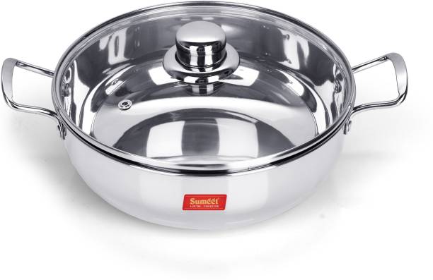 Sumeet Stainless Steel Induction Bottom (Encapsulated Bottom) Induction & Gas Stove Friendly Kadhai With Glass Lid Size No.11 (1.5 LTR) Kadhai 20.5 cm diameter with Lid 1.5 L capacity
