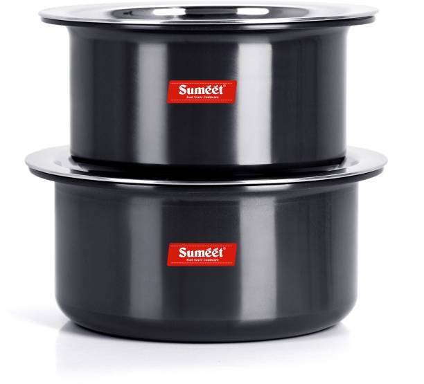 Sumeet 3mm Thick Hard Anodised Tope Set of 2 Pc with S.S. Lid. Size No.13 (2.3 Ltr), No. 14 (2.9 Ltr) Tope Set with Lid 2.9 L capacity 23 cm diameter