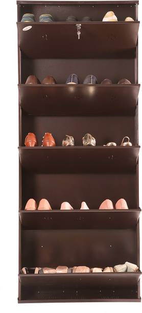 Babbar steel 26 Inches Wide 5 Door Powder Coated Wall Mounted Metallic Shoe Rack (Brown,5 Shelves) Metal Shoe Rack