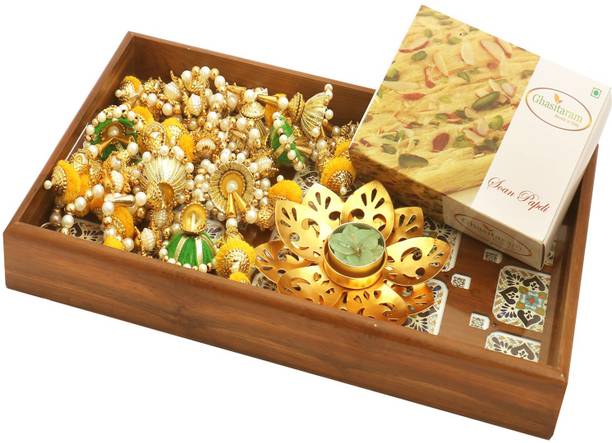 Ghasitaram Gifts Mithai hampers-Big Wooden Printed Tray with Soan Papdi, T-Lite and Toran Combo