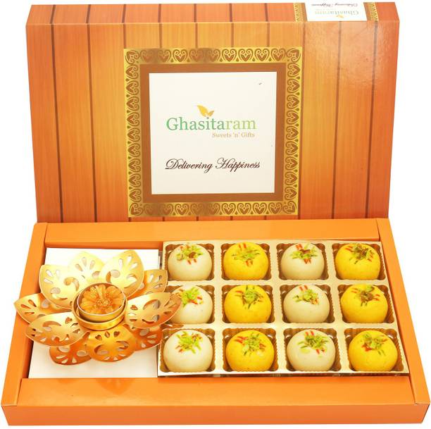 Ghasitaram Gifts Mithai hampers-12 Pcs Mawa Peda and T-Lite Combo