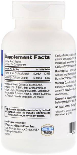 21st Century Calcium Citrate Maximum + D3, 120 Tablets