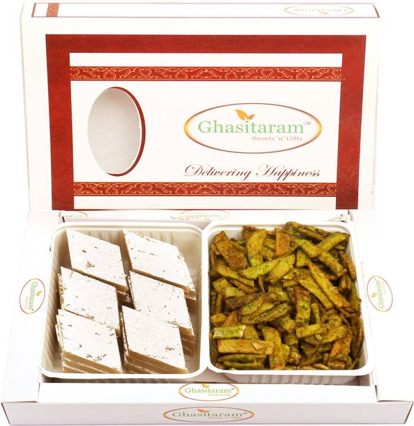 Ghasitaram Gifts Mithai-Kaju Katli and Palak Potato Chips Hamper Combo