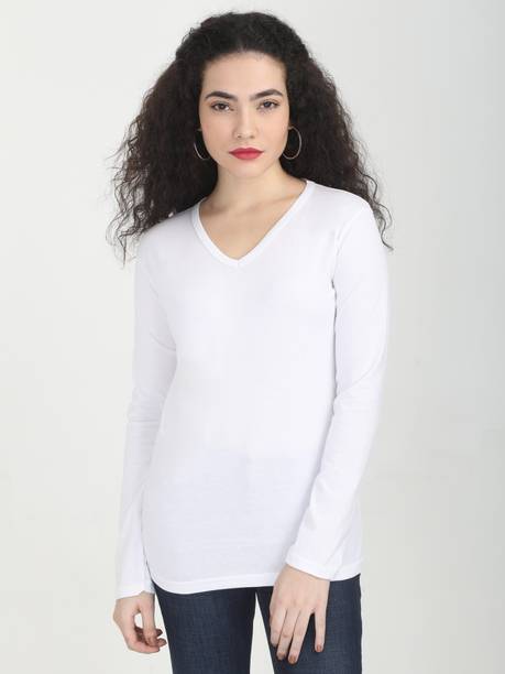 Fleximaa Solid Women V Neck White T-Shirt