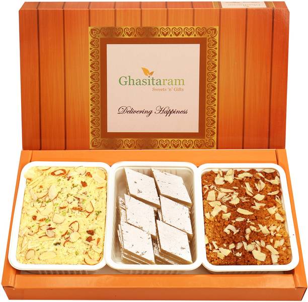 Ghasitaram Gifts Mithai-Kaju Katli, Milk Cake and Soan Papdi Box