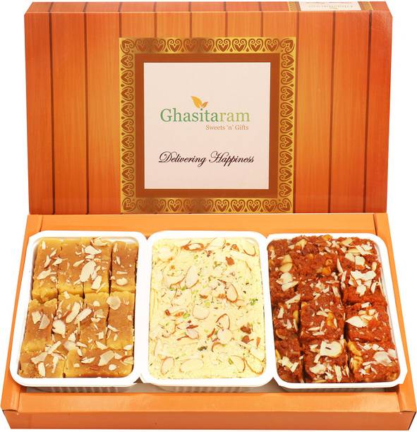 Ghasitaram Gifts Mithai-Soan Papdi, Dodha Barfi and Soft Mysore Pak Box