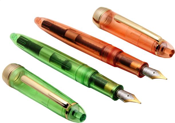 Ledos Set Of 2- Jinhao 992 Justice Fountain Pens Transparent Saffron Orange &amp; Apple Green Fine Nib Pen Gift Set