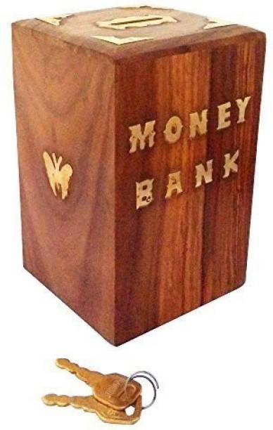 ydv toys Special valentine day gift, Handmade Wooden Money Bank Square Shape Coin Box, Butterfly Inlay Piggy Bank, Money Storage Box, Safe Money Bank with lock for All Ages Gift for Kids | Boys | Girls | Adults - Butterfly Motif | Handmade | Christmas | Xmas Coin Bank