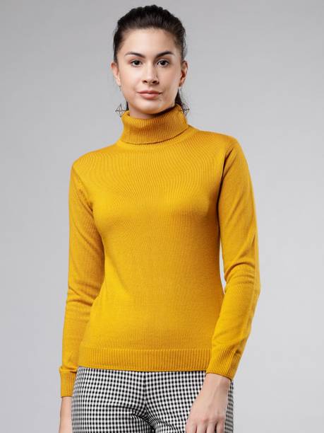 Women Solid Turtle Neck Yellow Sweater