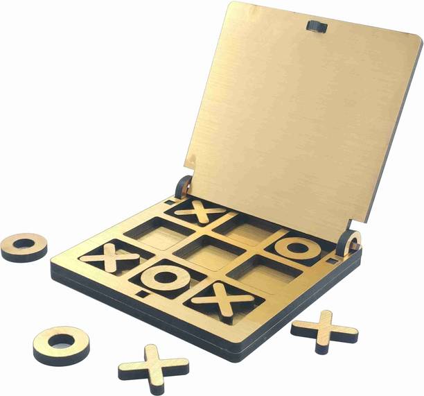 Golden Feather Wooden Tic Tac Toe Portable Game for Kids and Adults Golden Strategy & War Board Game