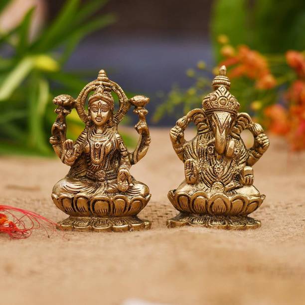 Collectible India Brass Laxmi Ganesh Idol Set - Gold Finish Lakshmi Ganesha Decorative Showpiece  -  9 cm