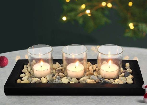 TIED RIBBONS Glass Votive Tealight Candle Holder with Wooden Tray Glass Tealight Holder