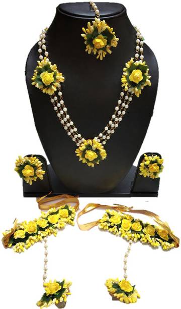 Paladiya Krafts Fabric, Plastic, Paper Yellow Jewellery Set