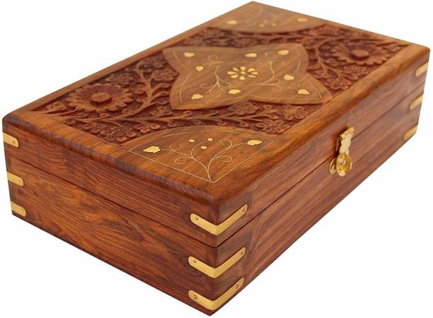 WOODINO Sheesham (Size-8x5 Inch) Carving Brass Design Jewellery Vanity Box