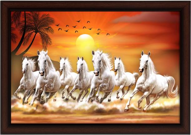 Masstone Lucky Seven Running Horses Vastu UV Matt Textured Framed Digital Reprint 14 inch x 20 inch Painting