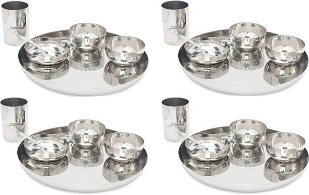LIMETRO STEEL Pack of 24 Steel Heavy Guage high Quality 24 Pcs(4 Dinner Plate, 4 Glass, 8 Bowl/Wati, 4 Spoon, 4 Halva Plate) Modern Look Stainless Steel Dinner Set Dinner Set