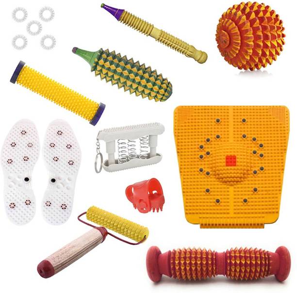 Accufit AF34 Acupressure Massager Tools Combo Kit with Foot Roller (Pyramidal cuts)(Wooden) + Bio-Magnetic Power Foot Mat (Magneto-Therapy) for Stress and Pain Relief (Natural Care) Massager