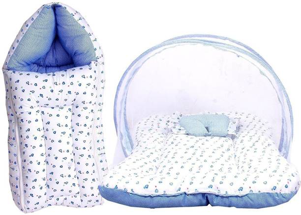 Fareto Baby Mattress with Mosquito Net/Sleeping Bed & Sleeping Bag/Carry Bag Combo 0-6 Months (0-6 months, Blue) Sleeping Bag