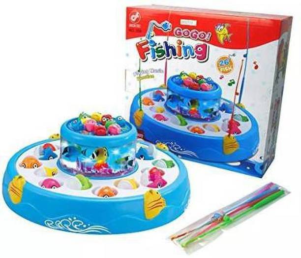 Vicky Enterprises GoGo Fishing Game with Playing Music Function/26 Pcs Of Fish/2 Rotary Fishing Pond Party & Fun Board Game