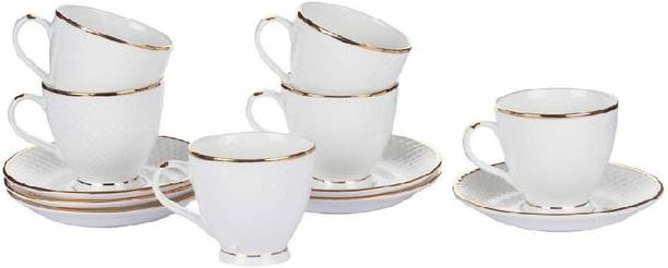 Femora Pack of 12 Bone China Femora Indian Ceramic Fine Bone China Pack of 12 Gold Line Diamond Cut White Cups & Saucers, 200 ml (White)