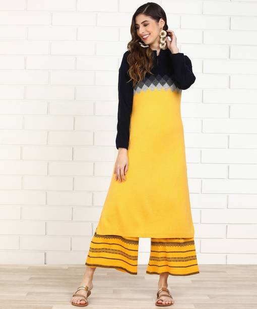 Anmi Self Design Women Straight Kurta (Dark Blue, Yellow)