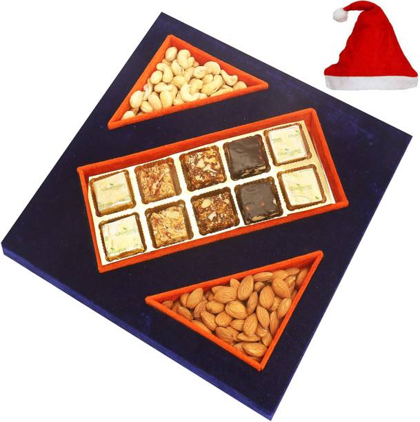 Ghasitaram Gifts Christmas-Blue Velvet Tray of Assorted Bites, Almonds and Cashew Pouches Combo