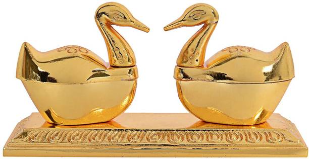 Gyanoday Creations Double Swan Chandan Roli Chopda, Chawal-Akshat-Haldi, Kumkum Box Pair with Loving Bird Duck Pair Chopda for Gift and Pooja Purpose Decorative Showpiece - 5 cm (Aluminium, Gold) Decorative Showpiece  -  6 cm