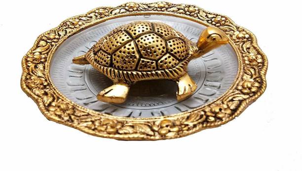The Elitestore Metal Feng Shui Tortoise on Plate/ Kachua Plate Showpiece the symbol of Wealth (Golden, Diameter:5.5 Inch) Decorative Showpiece  -  14 cm