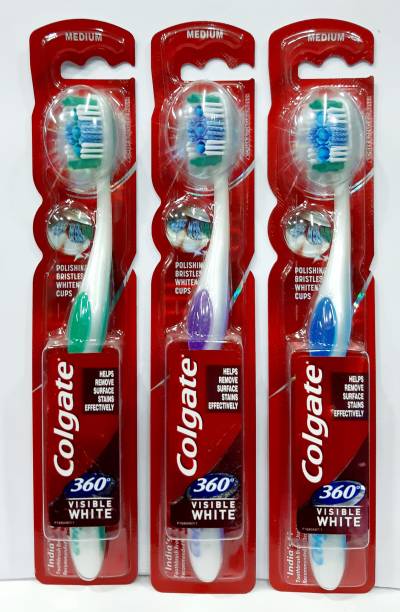 Colgate Visible White Toothbrush... Medium Bristles...Pack of 3 (multi color Medium Toothbrush