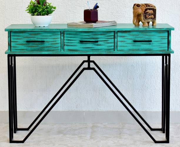 SamDecors Solid Wood 3 Drawer CASINO Console Hall Table rustic distressed green with Black Finish Iron Frame Solid Wood Console Table