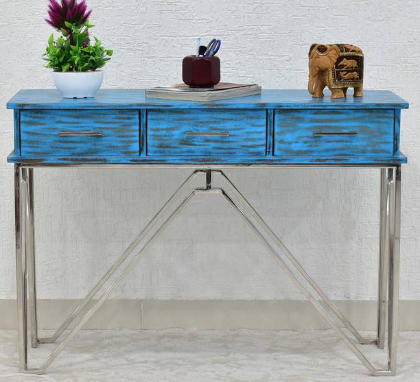 SamDecors 3 Drawer CASINO Console Hall Table rustic distressed blue with silver Finish stainless steel Frame Solid Wood Console Table