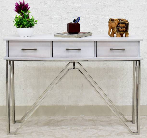SamDecors Solid Wood 3 Drawer CASINO Console Hall Table White with silver Finish stainless steel Frame Solid Wood Console Table