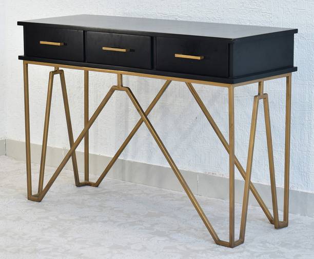 SamDecors 3 Drawer Hall Table Black with Golden Finish Iron Frame Solid Wood Console Table