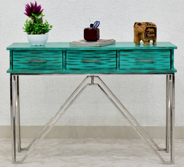 SamDecors Solid Wood 3 Drawer CASINO Console Hall Table rustic distressed green with silver Finish stainless steel Frame Solid Wood Console Table