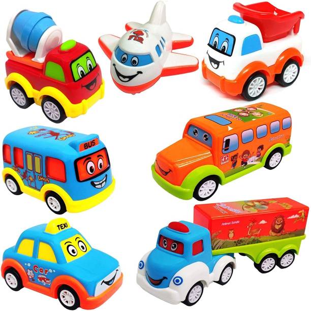 Learn With Fun Unbreakable 7 pcs Pull Back Texi Car Truck Bus Plane Toy for Boys girls Kids
